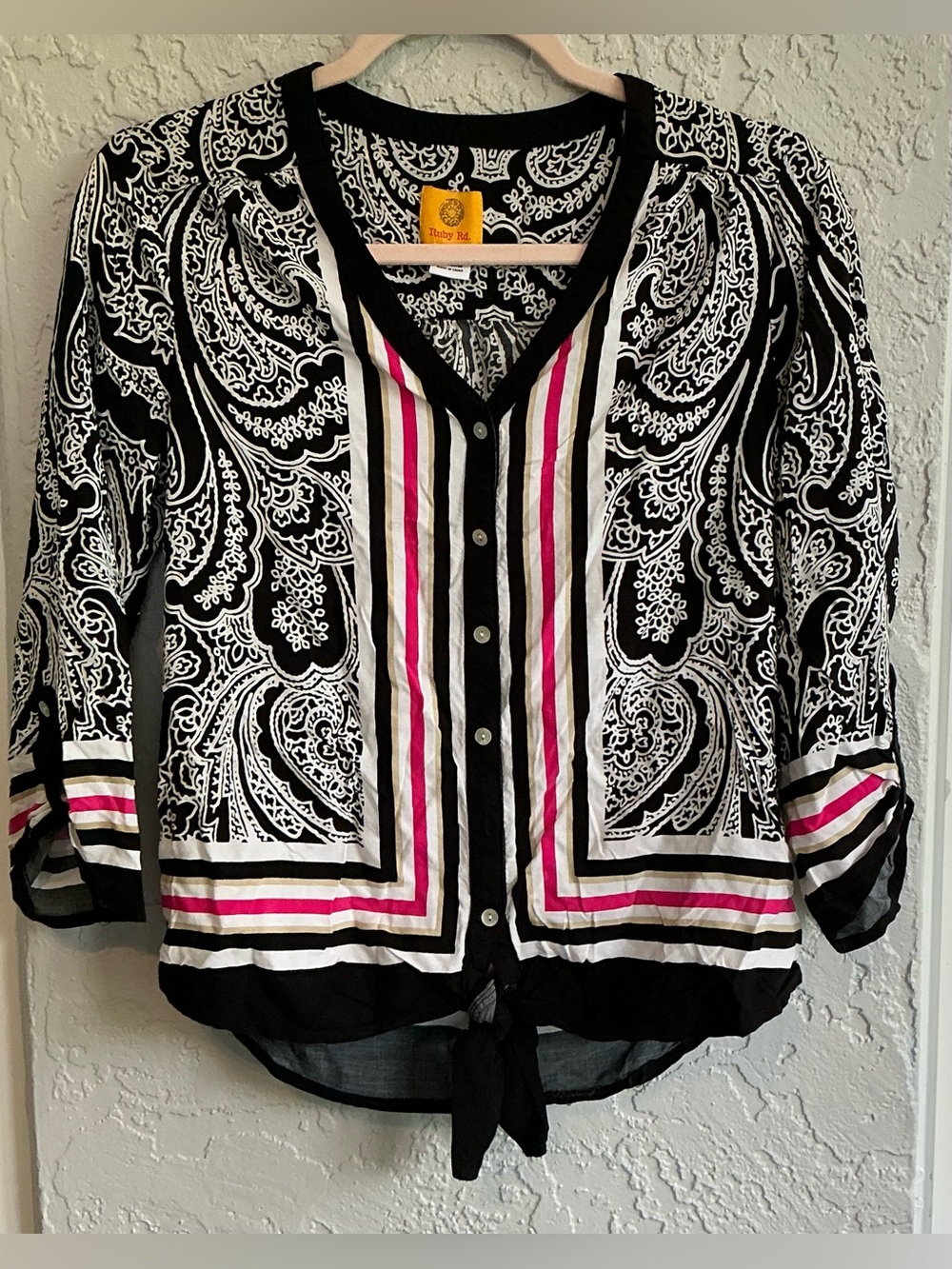 Ruby Rd. Women's Black & White Paisley Button-Front Top with Pink Accents